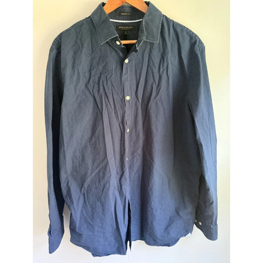 Banana Republic Grant Fit Shirt Mens XL Tall Navy Blue Micro Dot Supima Cotton